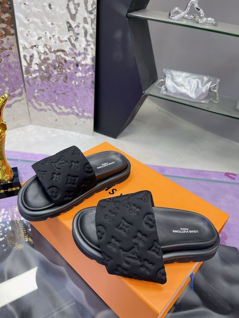 Louis Vuitton Black Monogram Padded Slide Sandals - Picture 6 of 8
